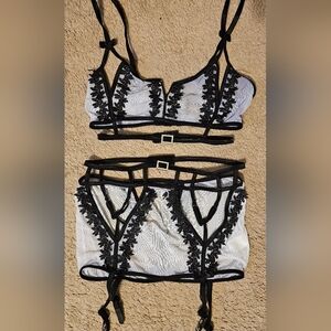 White & Black Mesh Strappy Bra & Skirt Set